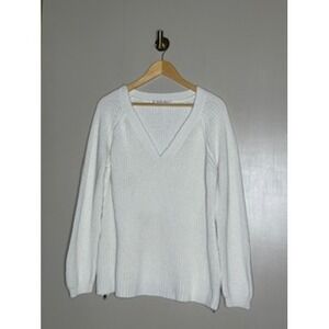 Caroline Grace White Shaker Knit V-Neck Sweater Side Zip Pullover Womens XL/TG
